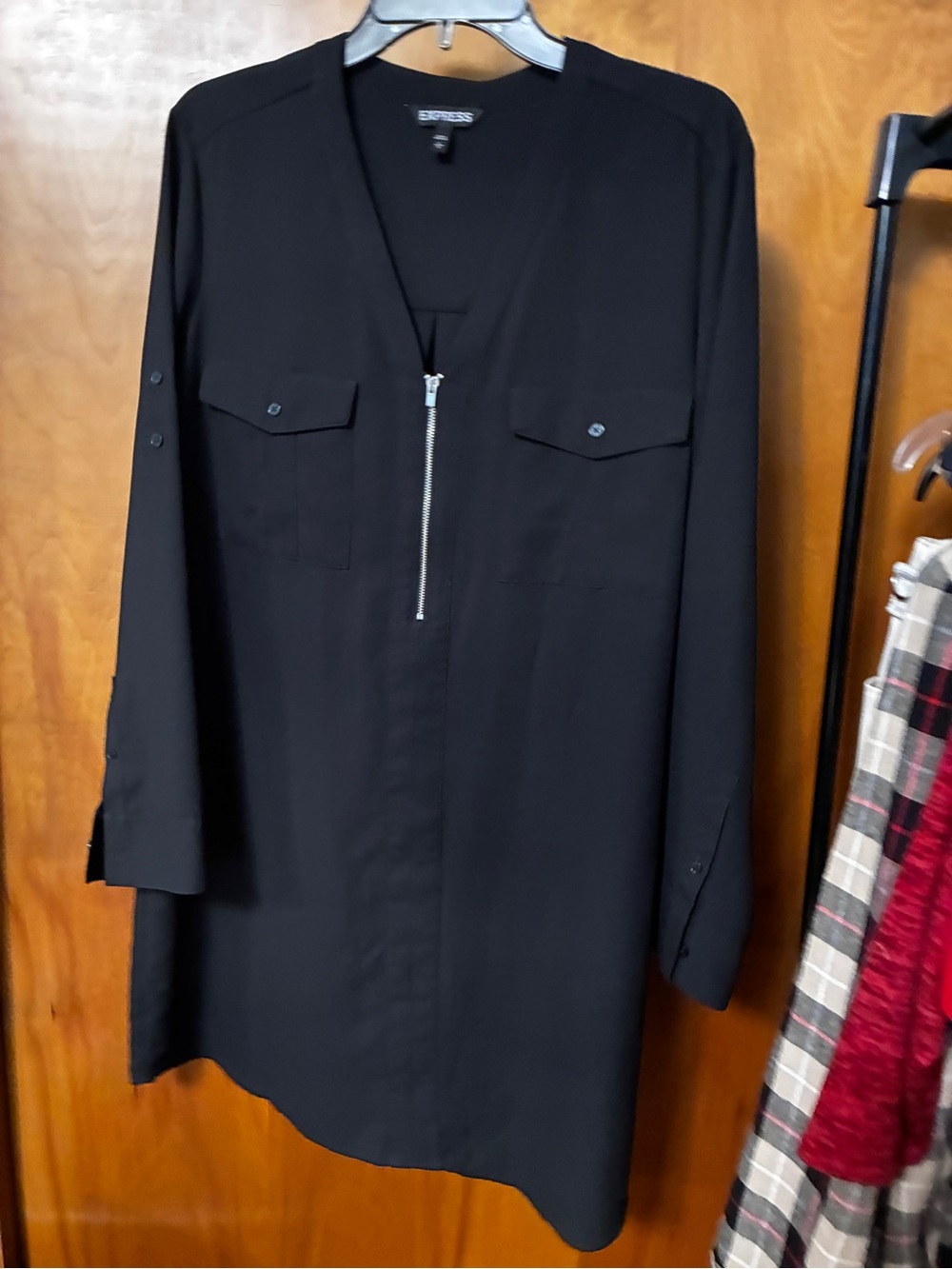 Express Black Longline Zip-Front Shirt Jacket dress Large tab sleeves